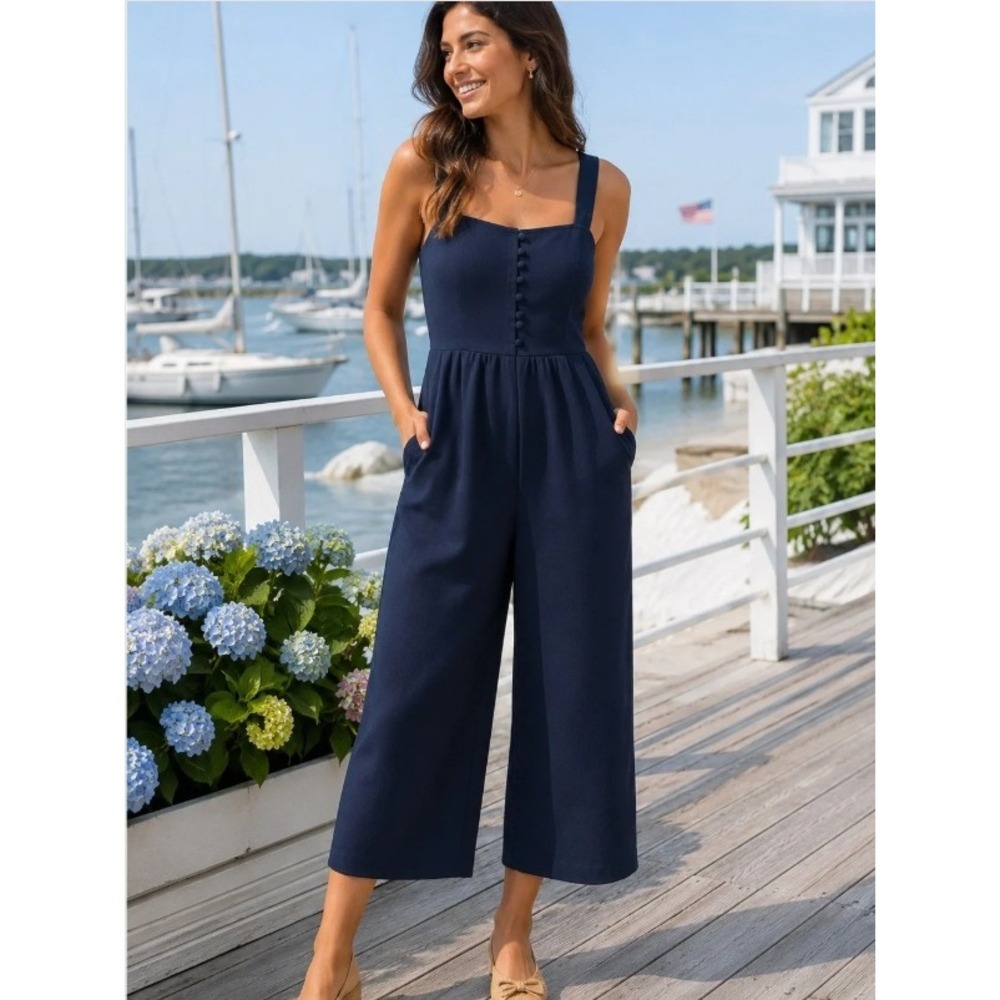 Madewell Jumpsuit Womens 6 Navy Blue Wide Leg Smocked Back Quiet Luxury Chic
